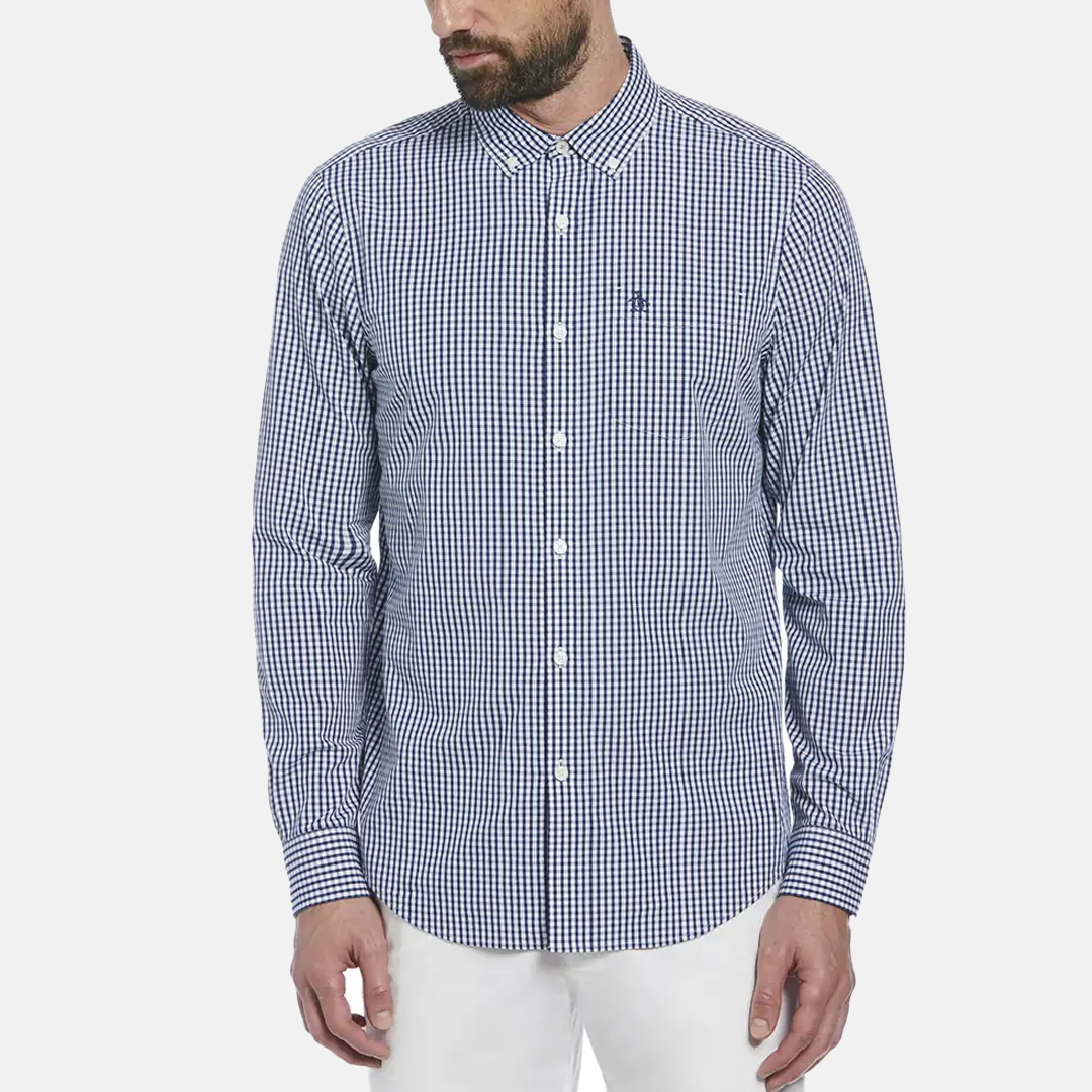 Camisa Penguin Moda De Cuadro Manga Larga Azul