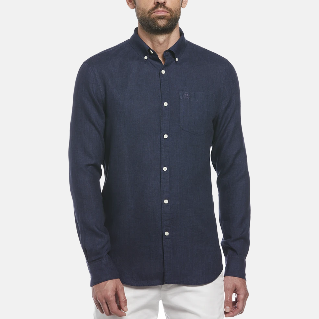Camisa Penguin moda lisa lino manga larga ecovero™ Dark Sapphire