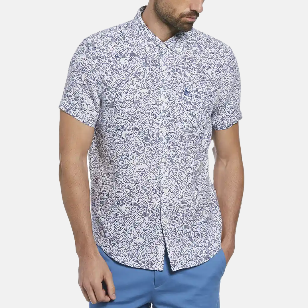 Camisa Penguin Moda Lino Manga Corta Diseño De Olas