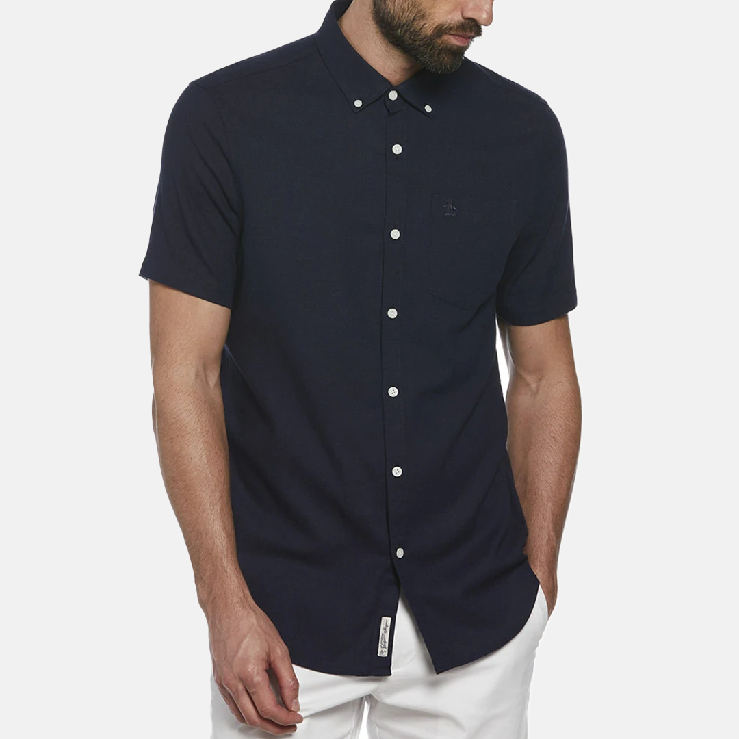 Camisa Penguin Moda Lisa Lino Manga Corta Ecovero™ Dark Sapphire