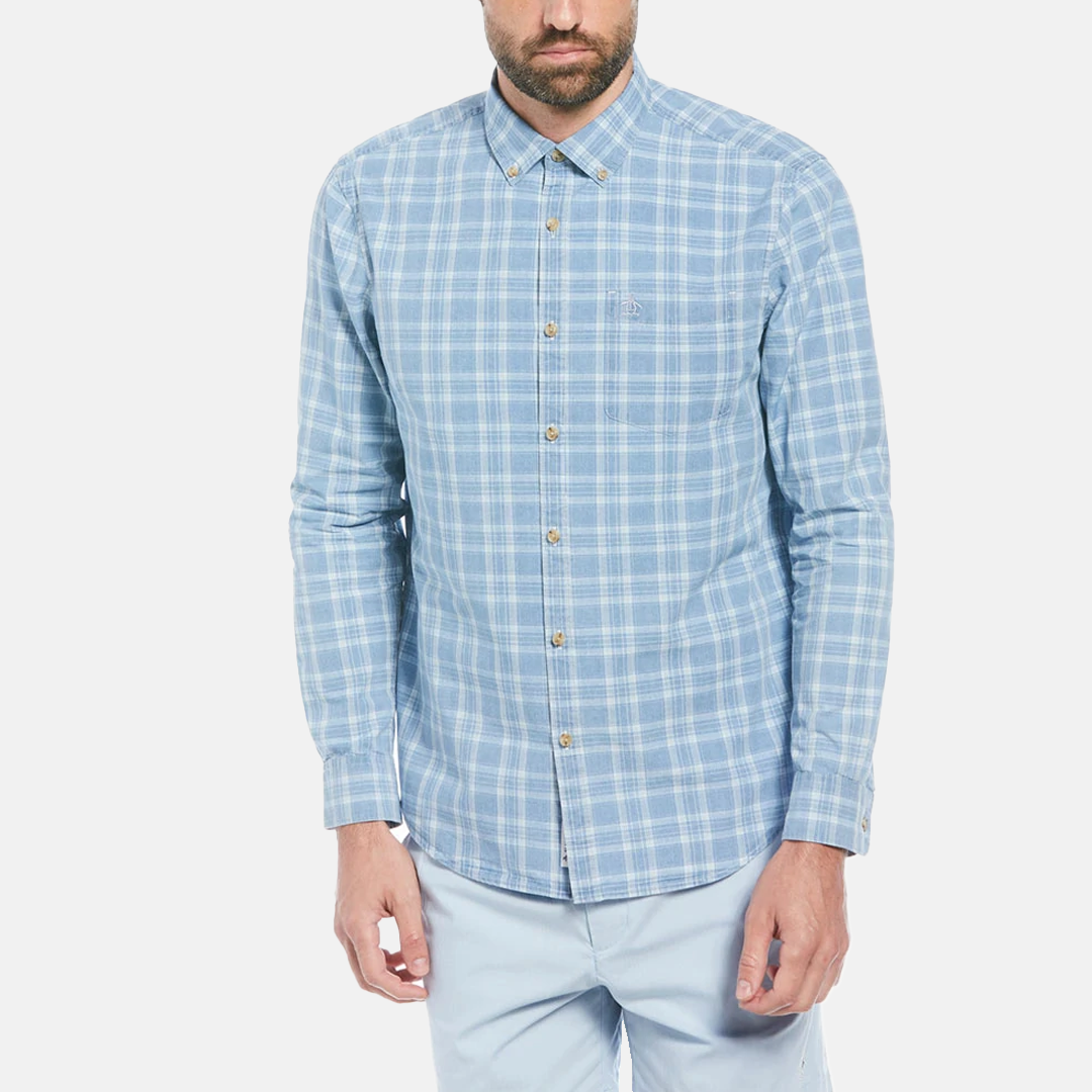Camisa Penguin Moda De Cuadro Manga Larga Celeste