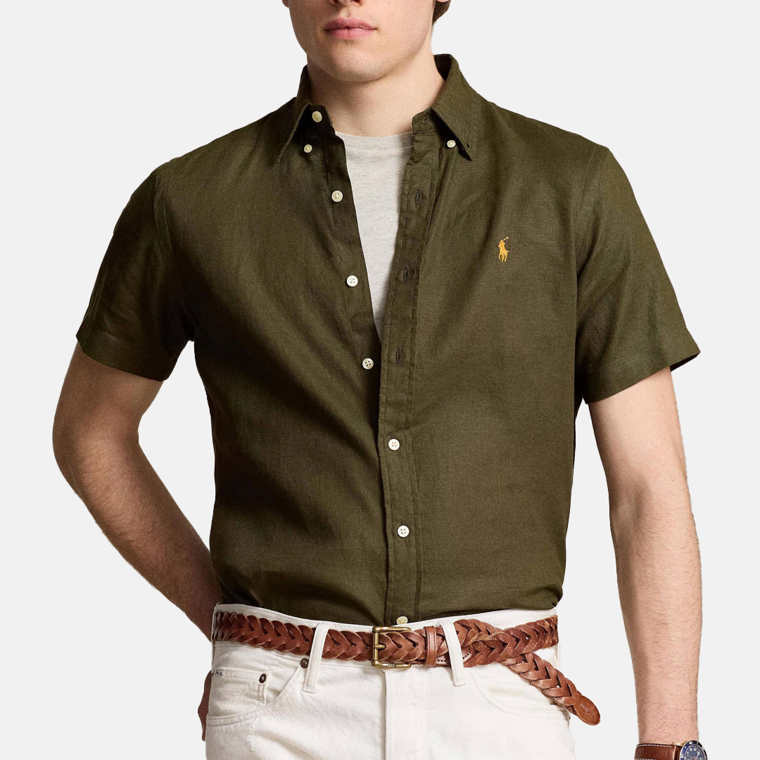 Camisa M/C Custom Fit Linen Shirt Olive Green