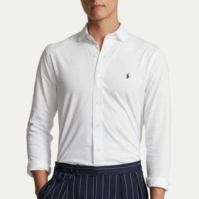 Camisa POLO M/L de Jersey con cuello abierto White