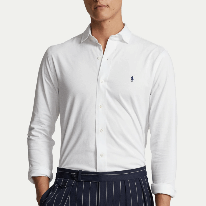 Camisa POLO M/L de Jersey con cuello abierto White