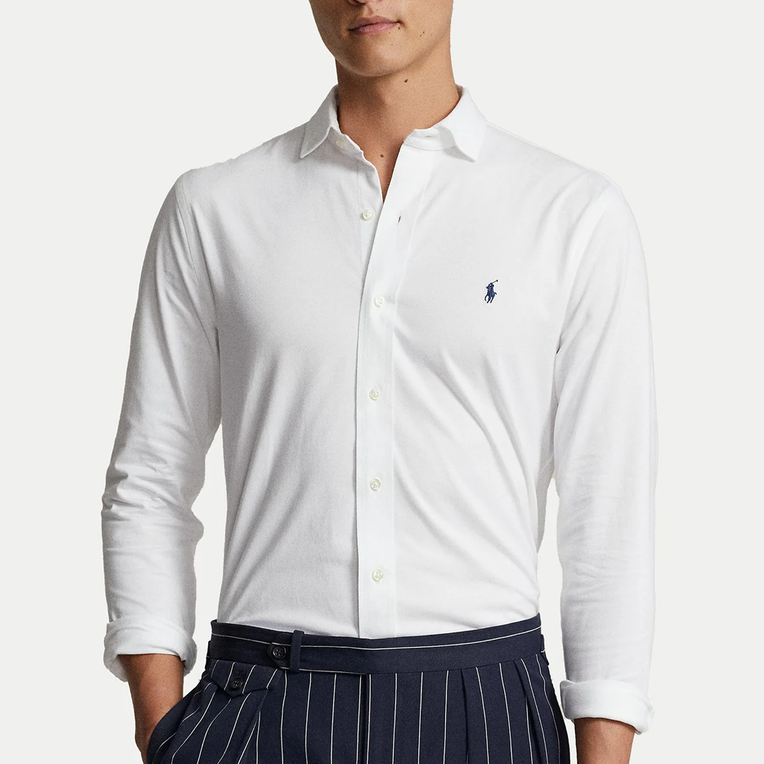 Camisa POLO M/L de Jersey con cuello abierto White