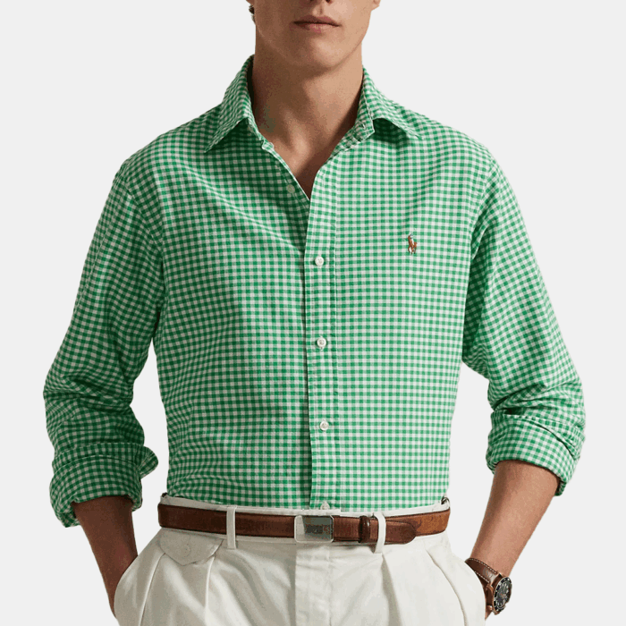 Camisa POLO M/L Custom Fit Gingham Oxford Summer Emerald/White