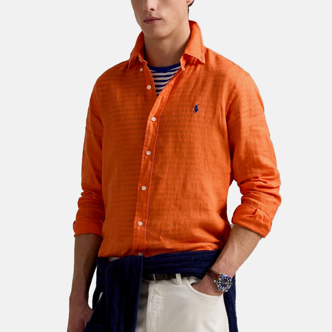 Camisa POLO M/L Custom Fit Linen Shirt - Orange