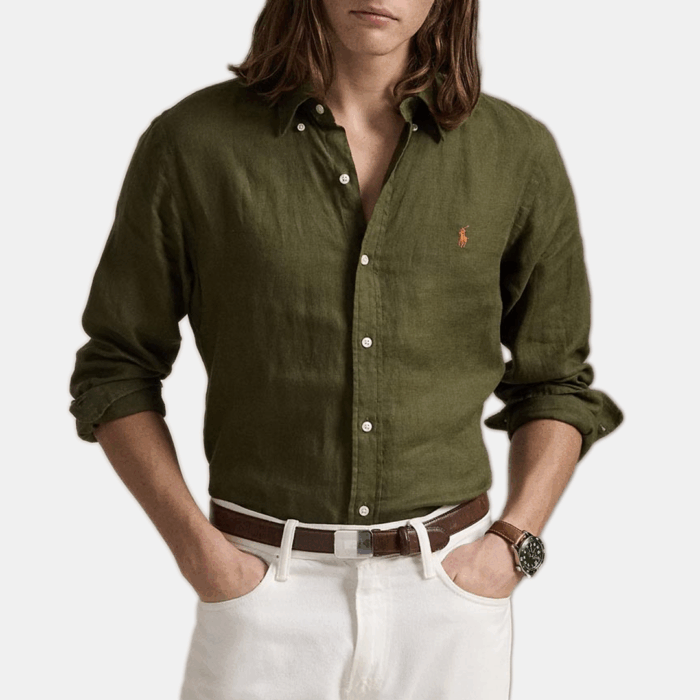 Camisa POLO M/L Custom Fit Linen Shirt - Olive Green