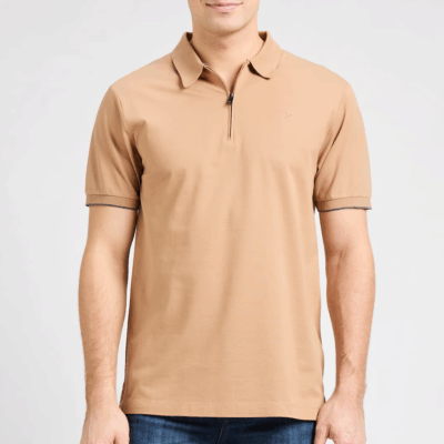 Camisa Hackett polo cremallera manga corta fit clásico Camel Beige
