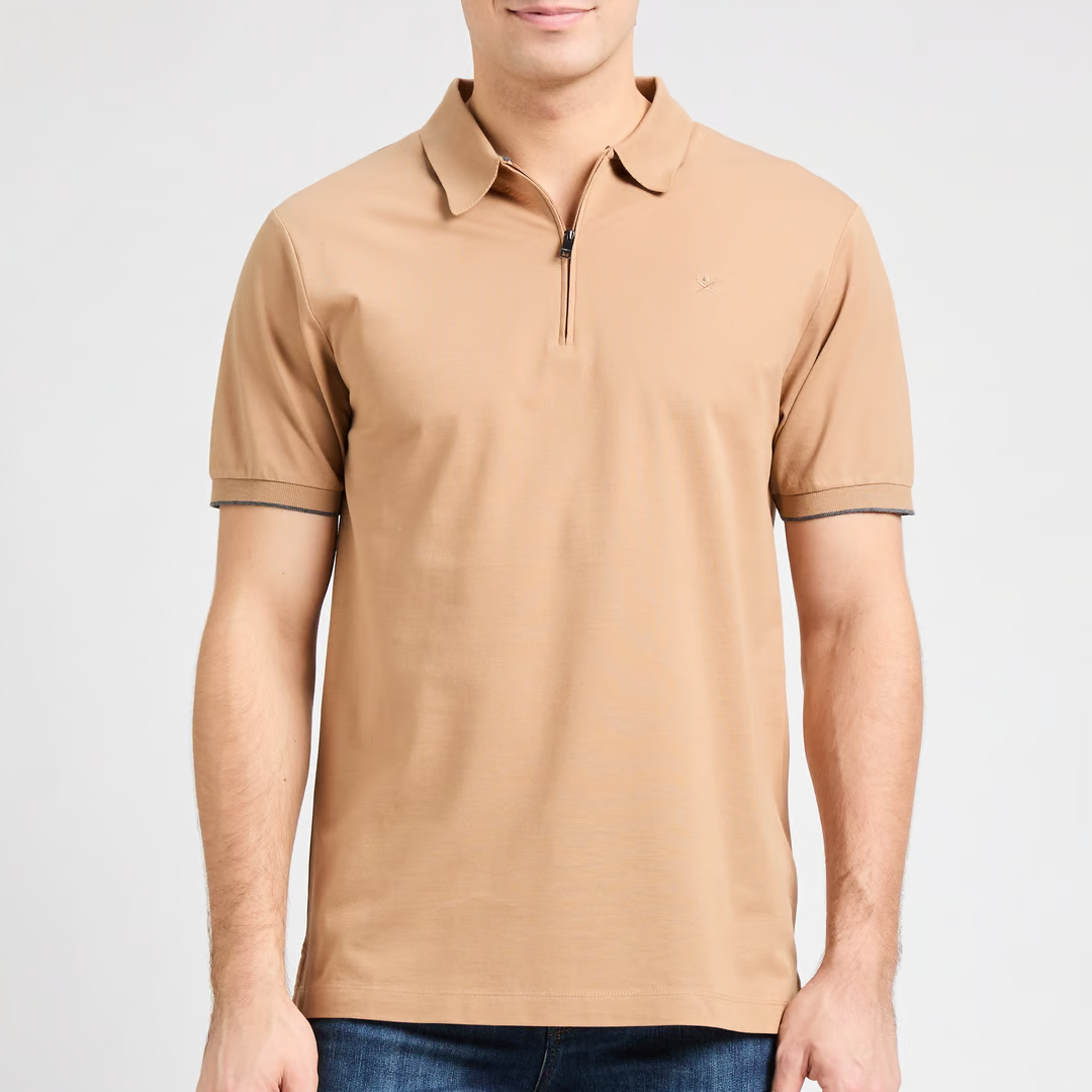 Camisa Hackett polo cremallera manga corta fit clásico Camel Beige