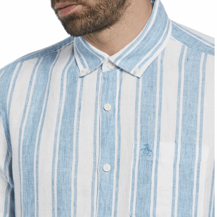 Camisa Penguin Moda De Cuadro Manga Celeste con Rayas - Imagen 3