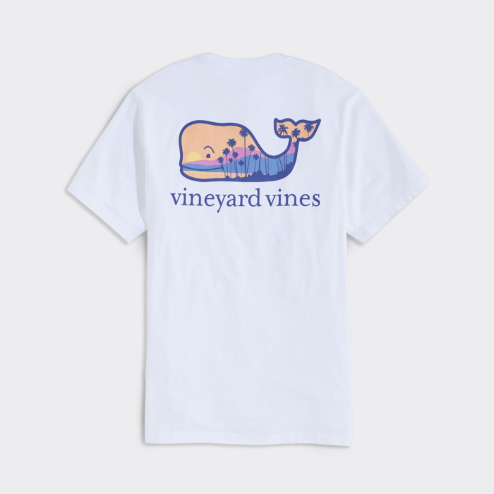 Camiseta Vineyard Palm Tree Silhouette Scenic Whale Fill Pocket Tee White