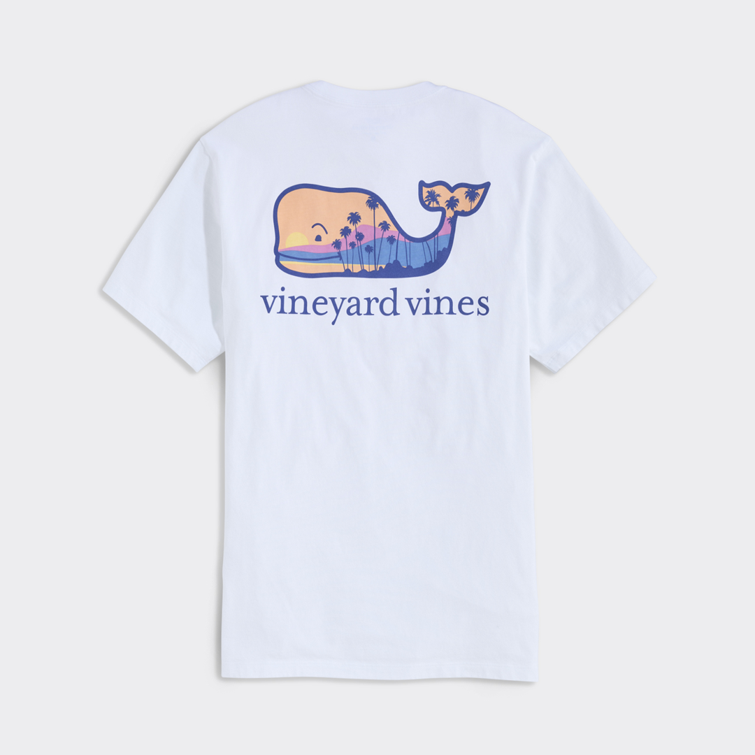 Camiseta Vineyard Palm Tree Silhouette Scenic Whale Fill Pocket Tee White