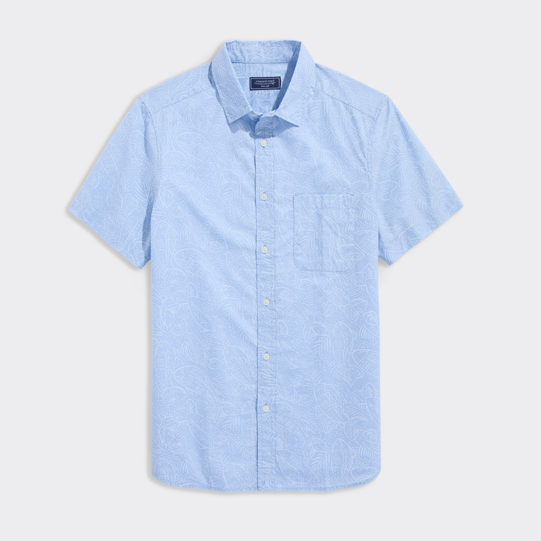 Camisa Vineyard Fish Lines Cotton Madras Short Sleeve Shirt