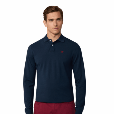 Slim fit long-sleeved piqué polo shirt navy